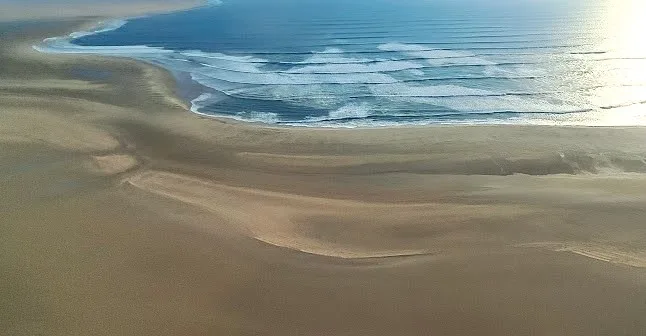 A Namib sand dune in the foreground with the Atlantic Ocean stretching to the horizon beyond