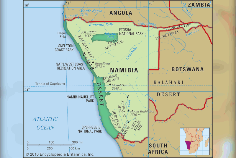 Political and geographic map of Namibia